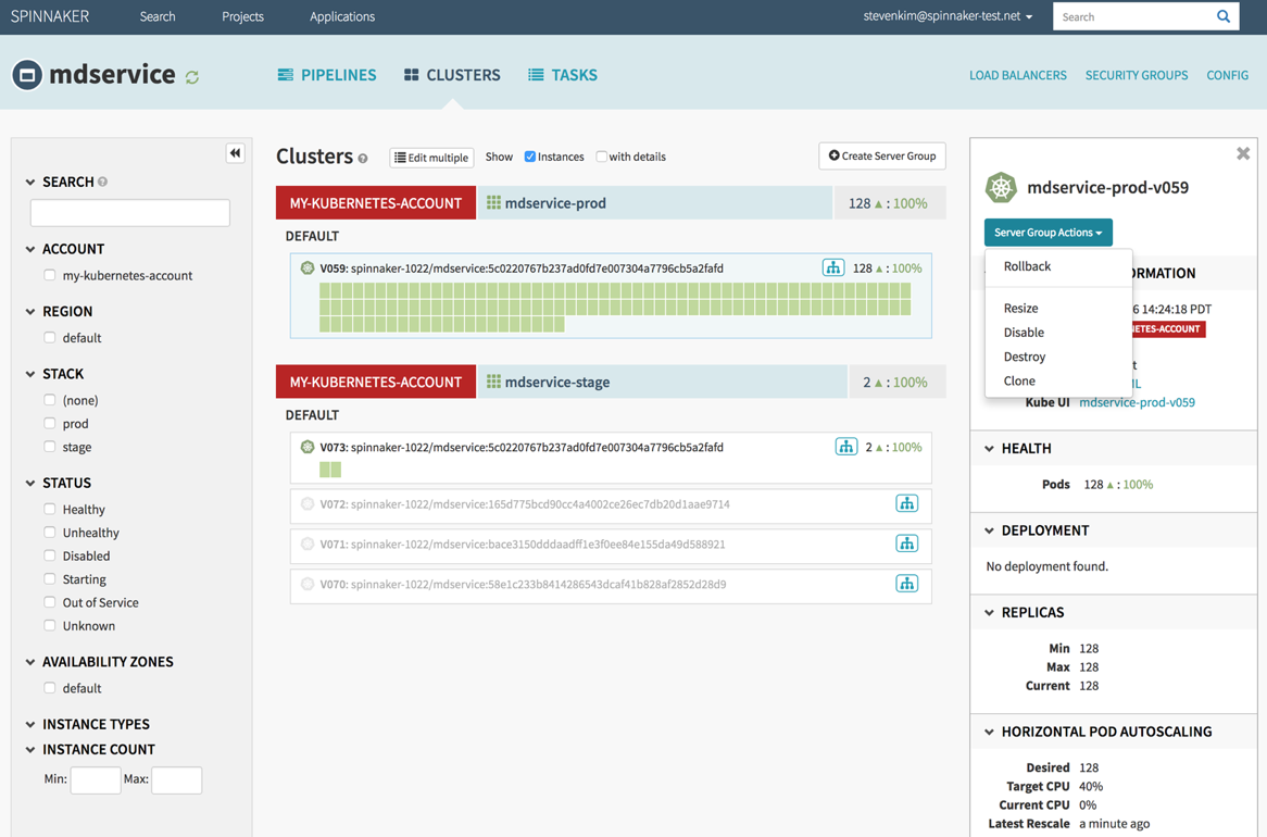 Spinnaker user interface with two active clusters